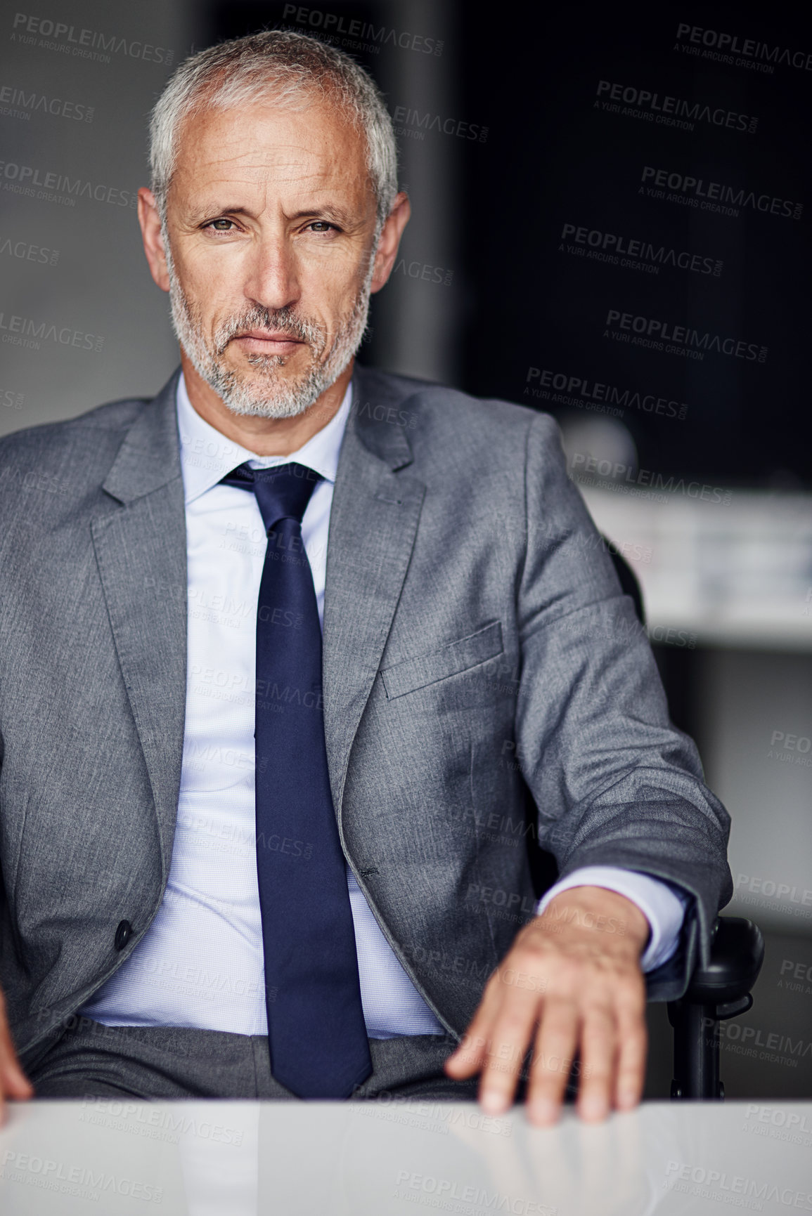 Buy stock photo Mature, businessman and portrait or serious with confidence for career and corporate finance at desk. Professional, CEO or face with pride in office for company growth, project management or ambition