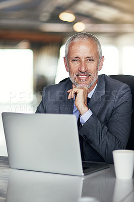 Buy stock photo Happy businessman, portrait and executive with laptop in confidence for career, job or corporate business at office desk. Mature man, CEO or manager in fashion with computer or coffee at workplace