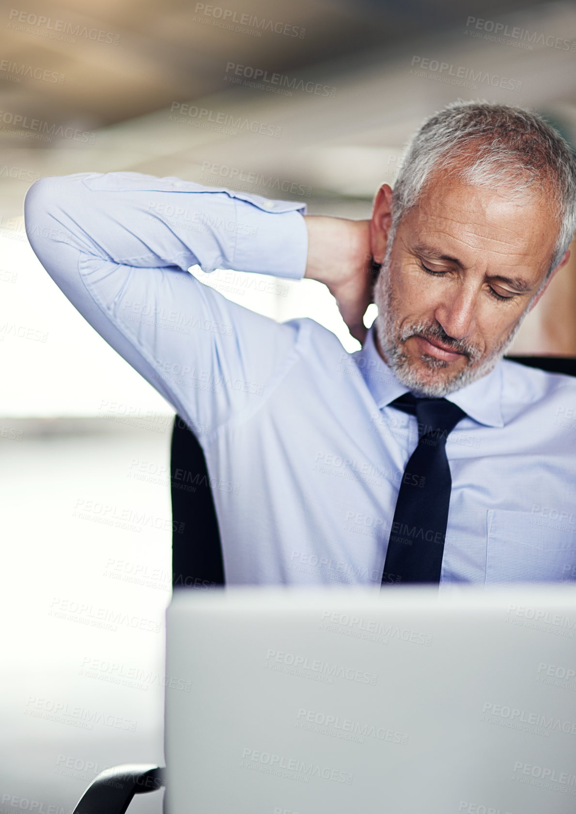 Buy stock photo Mature businessman, laptop and neck pain with stress in injury, accident or mistake at office. Man or employee with sore muscle, joint or inflammation on computer in debt or depression at workplace