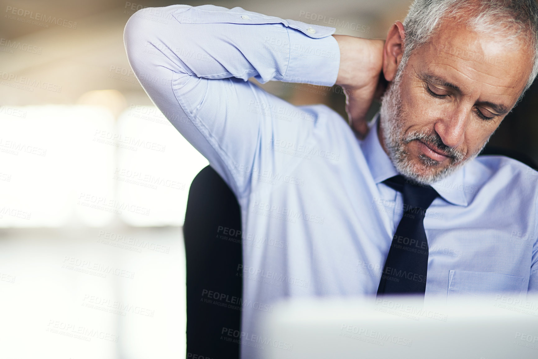 Buy stock photo Mature businessman, laptop and neck injury with stress in pain, accident or mistake at office. Man or employee with sore muscle, joint or inflammation on computer in debt or depression at workplace