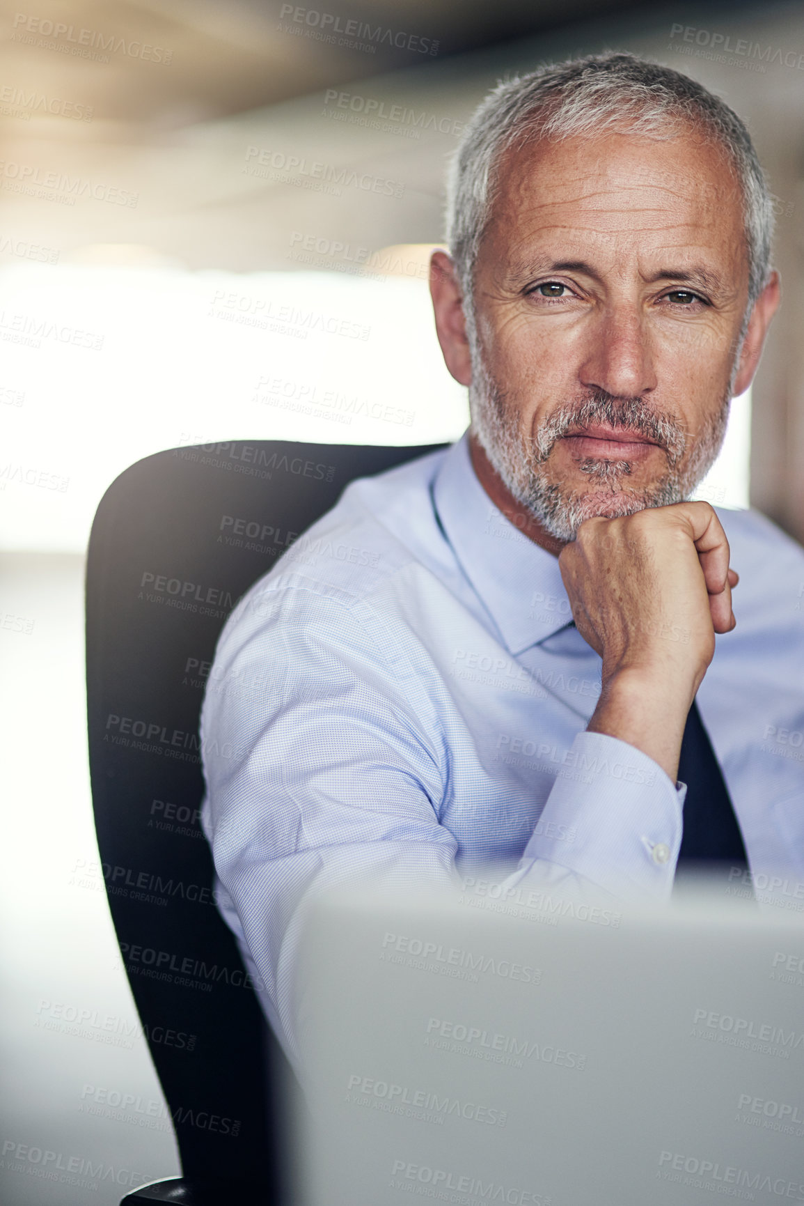 Buy stock photo Office, confidence and portrait of mature man with laptop, about us and proud director at law firm. Legal consultant, lawyer or serious businessman at desk with computer for online email networking