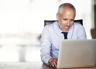 Buy stock photo Laptop, research and mature businessman at desk with thinking, typing and director networking at law firm. Legal consultant, lawyer or happy man in office with computer for email, report and review