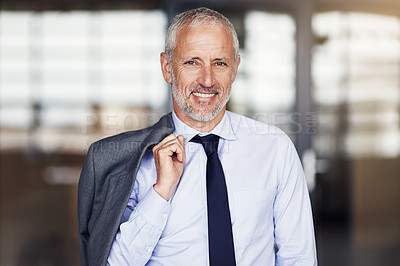 Buy stock photo Cropped portrait of a mature businessman standing with his blazer slung over his shoulder