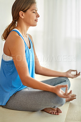 Buy stock photo Yoga, woman and lotus to relax, home and sportswear to calm with pilates in lounge, routine and morning. Healthy, breathing and peace in house, meditation and wellness for spiritual healing of person