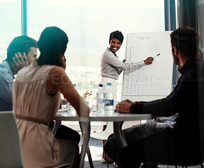 Buy stock photo Shot of a businesswoman giving a whiteboard presentation to a group of colleagues in a boardroom