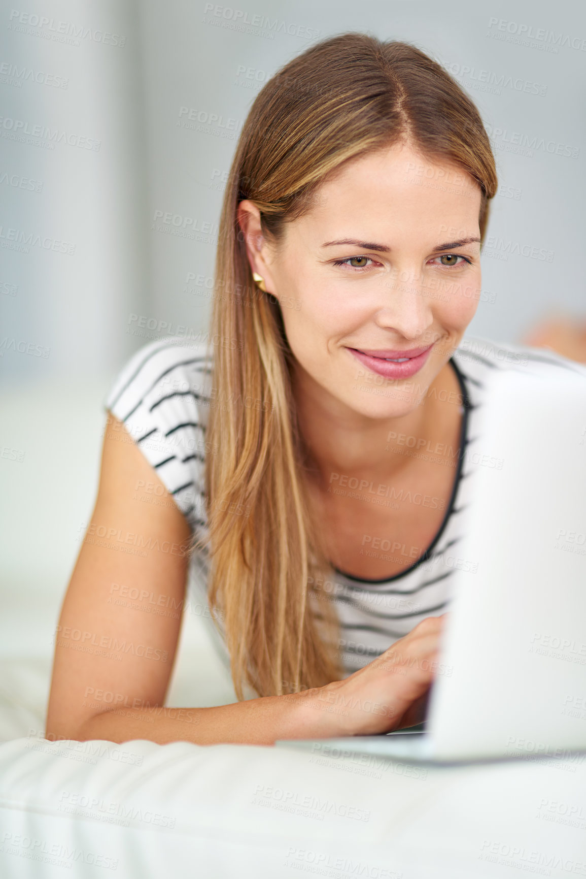 Buy stock photo Woman, smile and laptop internet for remote work with freelancer, writer and update for blog website in home. Blogger lady, computer and happy for social media post, online journal and writing review