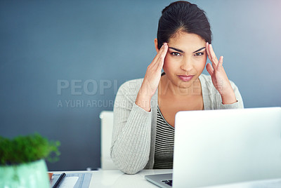 Buy stock photo Business woman, headache and laptop in office with hands, portrait and anxiety at desk at startup. Young businesswoman, burnout and pain with fatigue, frustrated and stress for glitch in workplace