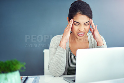 Buy stock photo Business woman, stress headache and laptop in office with hands, mistake and anxiety at desk at startup. Young businesswoman, burnout and pain with fatigue, frustrated and glitch on pc in workplace