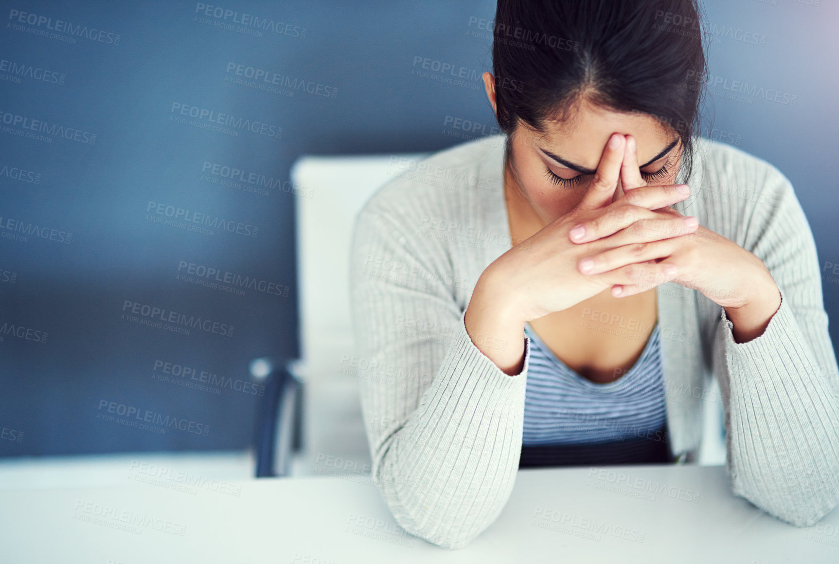 Buy stock photo Desk, tired and businesswoman with stress, burnout and anxiety for overthinking as content writer. Exhausted, female journalist and deadline crisis of political article, copywriting or blog in office