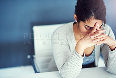 Buy stock photo Business woman, stress and tired in office with hands, worried and anxiety at desk at startup. Young businesswoman, burnout and headache with anxiety, frustrated or financial crisis in workplace
