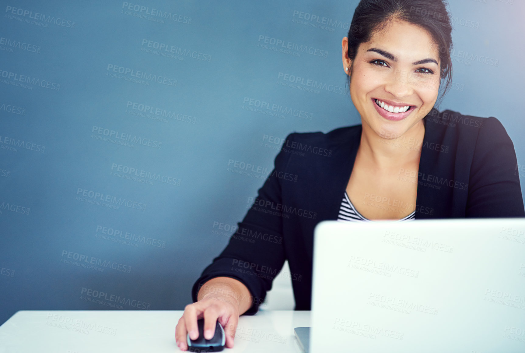 Buy stock photo Lawyer, portrait and laptop in office planning, legal consultant or policy review feedback in corporate law firm. Smile, attorney or woman on computer in case, research or schedule management by desk