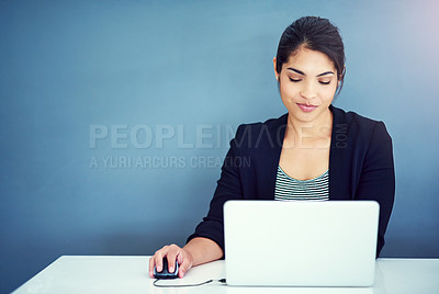 Buy stock photo Office, business woman or content writer with computer for reading article, online blog and scroll. Career, female journalist and laptop for portfolio update, browse email and website with stories