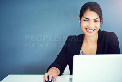 Buy stock photo Success, smile and portrait of businesswoman working on a laptop by wall with mockup space. Happiness, confidence and professional female human resources manager doing research in office with mock up