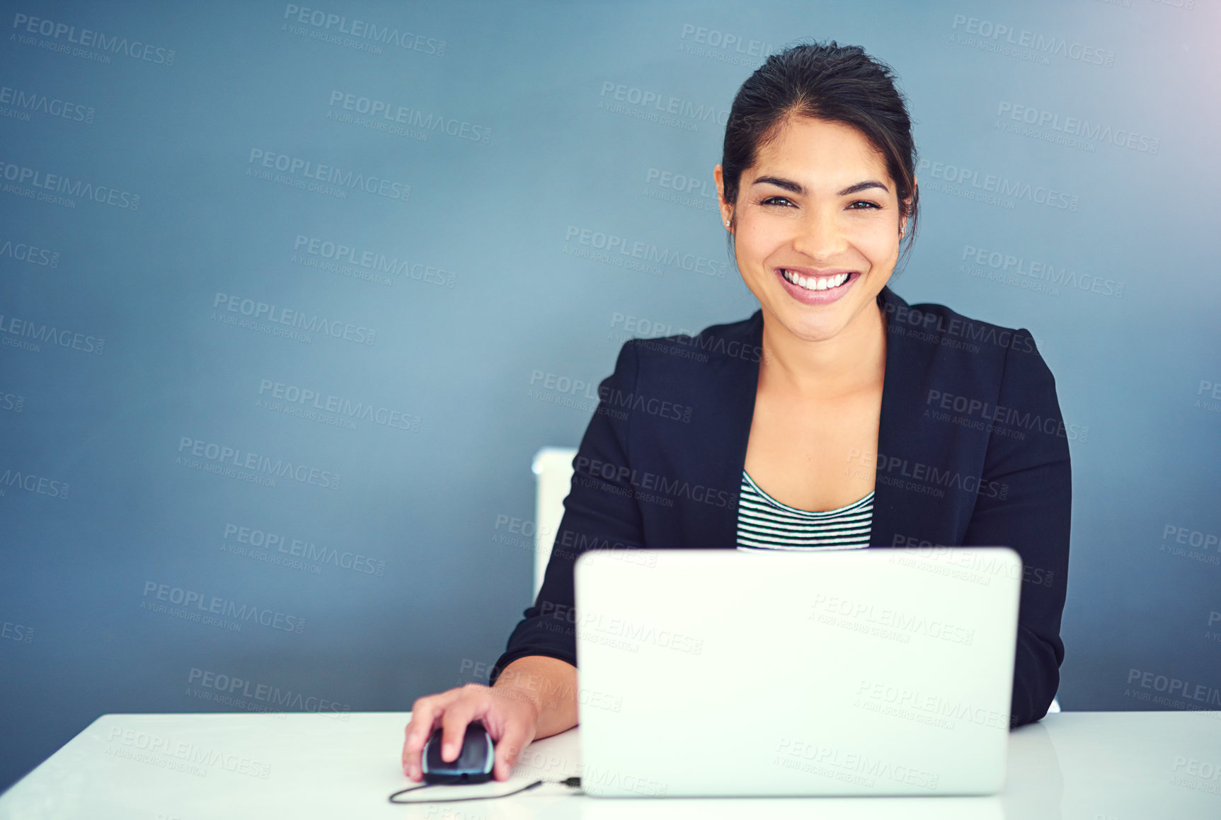 Buy stock photo Portrait, lawyer and laptop by happy advisor in office, legal consultant and policy review feedback in law firm. Attorney, smile and woman on computer in case, research or schedule management by desk