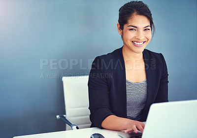 Buy stock photo Confidence, portrait and businesswoman working in the office on laptop by wall with mockup space. Happy, smile and professional female human resources manager doing research in workplace with mock up