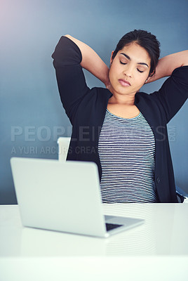 Buy stock photo Business, woman and stretch or tired with laptop, burnout and exhausted for online report or review. Deadline, stress and mental health crisis or overworked, administrator and workplace break