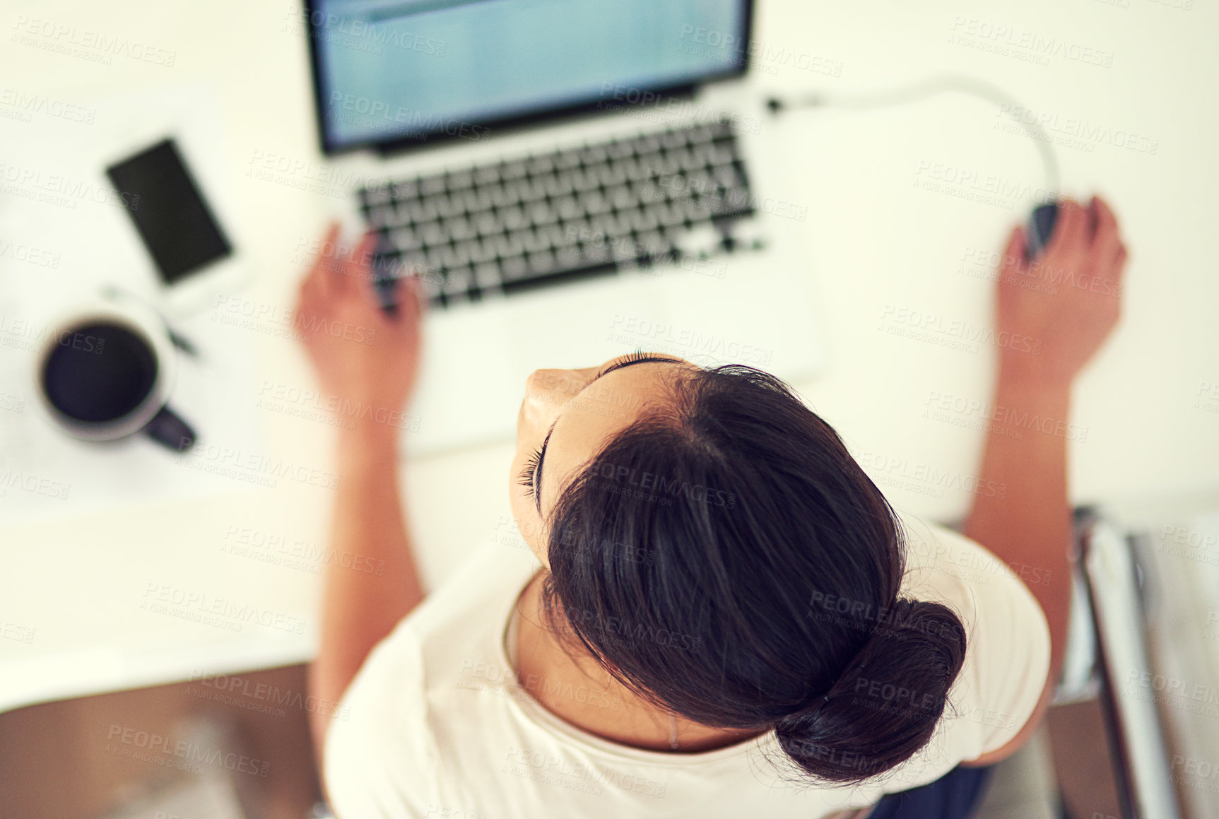 Buy stock photo Woman, laptop and above in office for networking, planning and employee at desk for digital report. Female person, top view and professional for project management, online and website for research