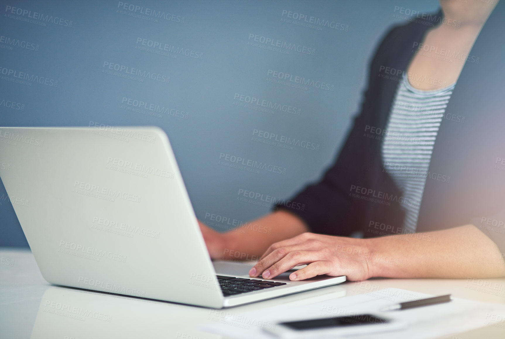 Buy stock photo Office, computer and hands of business worker at desk working on online project, planning and typing email. Corporate, administration and person on laptop for internet, website review and research