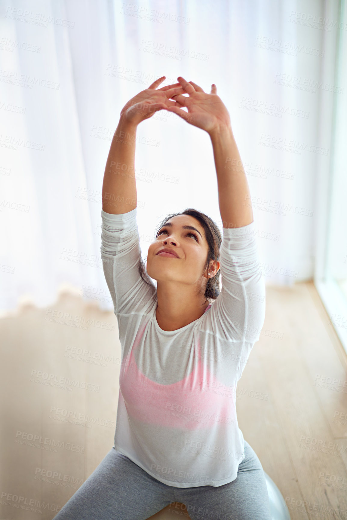 Buy stock photo Stretching, arms and woman with ball for pilates, core workout and flexibility to increase stability. Girl, mobility and endurance for fitness journey, wellness and weightloss with balance at home