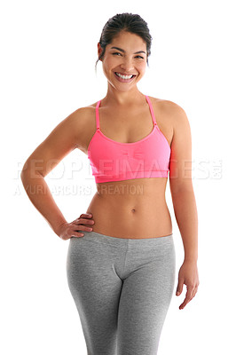 Buy stock photo Cropped shot of a young woman in exercise clothing against a white background
