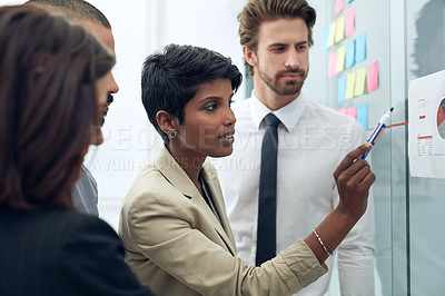 Buy stock photo Business woman, charts and group at whiteboard talking about training and growth plan. Working, communication and management of a female leader with writer team with teamwork planning and data