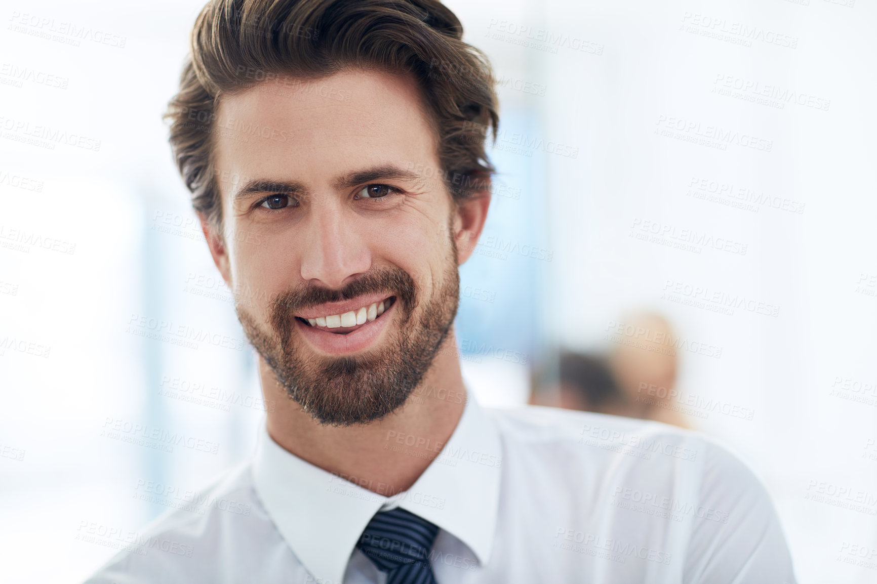 Buy stock photo Portrait, business and man in office, smile and employee with confidence, pride and legal aid. Face, person and professional with startup, career ambition and attorney with happiness, joy and lawyer