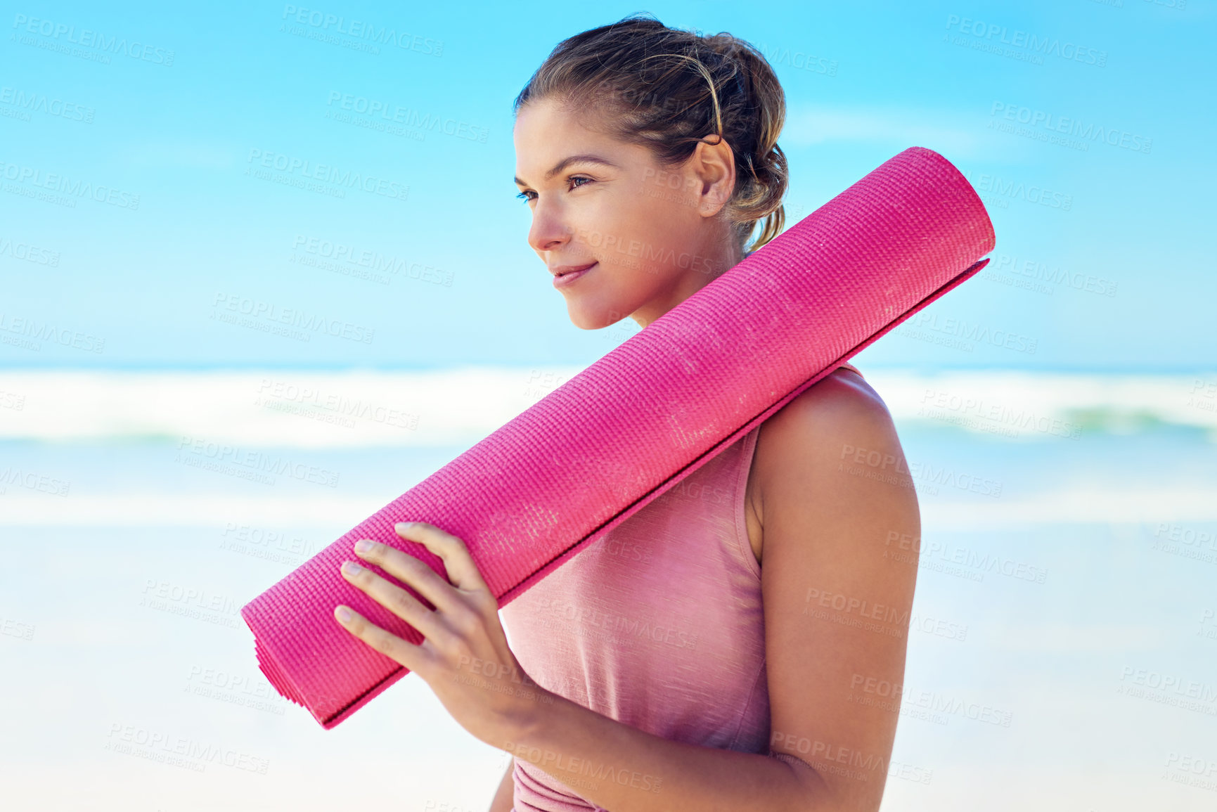 Buy stock photo pilates, smile or thinking and woman on beach with exercise mat for start of holistic or zen routine. Face, idea and yoga with happy yogi person outdoor at ocean or sea for awareness or mindfulness