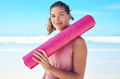 Buy stock photo Thinking, yoga mat and woman at beach for Meditation, balance and spiritual health with Miami blue sky. Pilates, peace and girl relax by ocean for wellness, mindset and zen chakra by summer sea