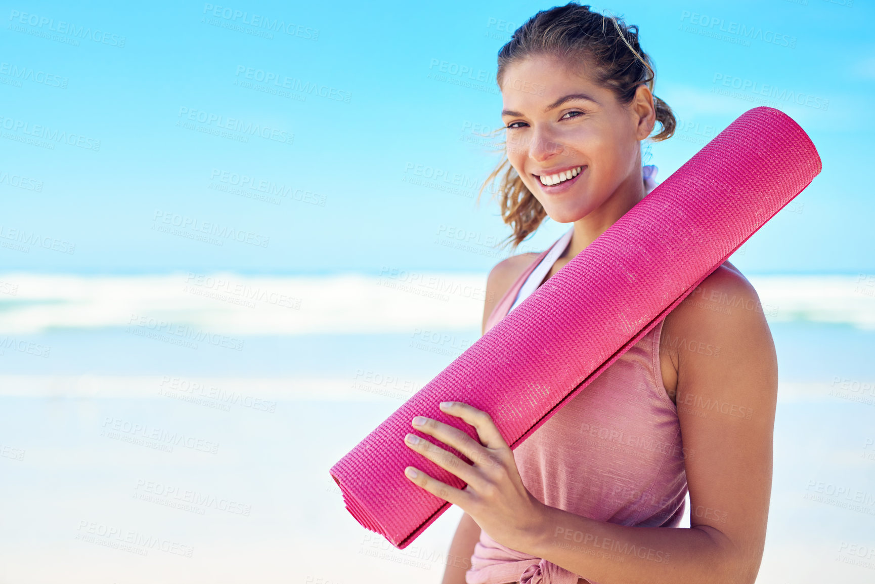 Buy stock photo Portrait, yoga mat and woman at beach for meditation, balance and spiritual health with Miami blue sky. Pilates, peace and girl relax by ocean for wellness, mindset and zen chakra by summer sea