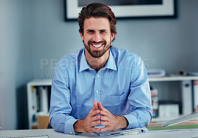 Buy stock photo Portrait, smile and man in office, desk and happy in public relations, documents and confident for business. Corporate, employee and person in media agency, publicist and proud for planning of launch