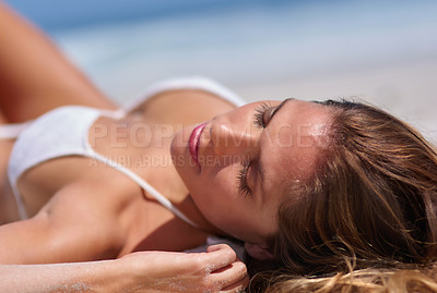 Buy stock photo Bikini, beach and woman with sunshine, travel and vacation with weekend break, calm and nature. Person, ocean and girl with peace, adventure and summer holiday with seaside, getaway trip and Bali