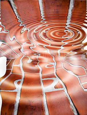 Buy stock photo Orange water, ripples and abstract circle with line shape, liquid waves and textures for creative background. Circular motion, aqua rings and special effects for wallpaper design with tiles pattern