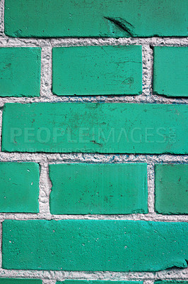 Buy stock photo Outdoor, green and closeup on surface of brick wall for home, house or city building with pattern or texture. Urban, detail background or exterior of architecture construction design or structure