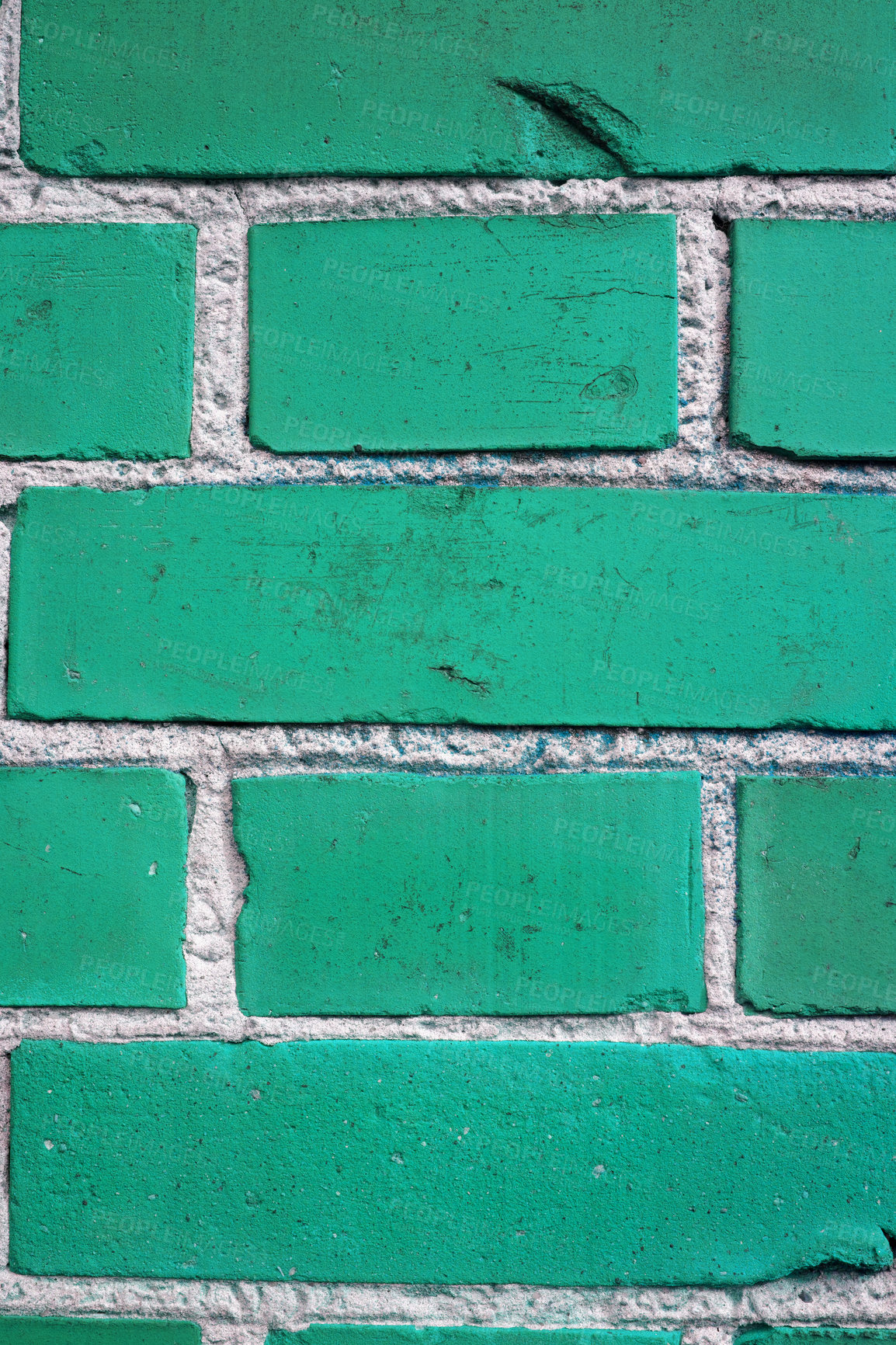 Buy stock photo Outdoor, green and closeup on surface of brick wall for home, house or city building with pattern or texture. Urban, detail background or exterior of architecture construction design or structure