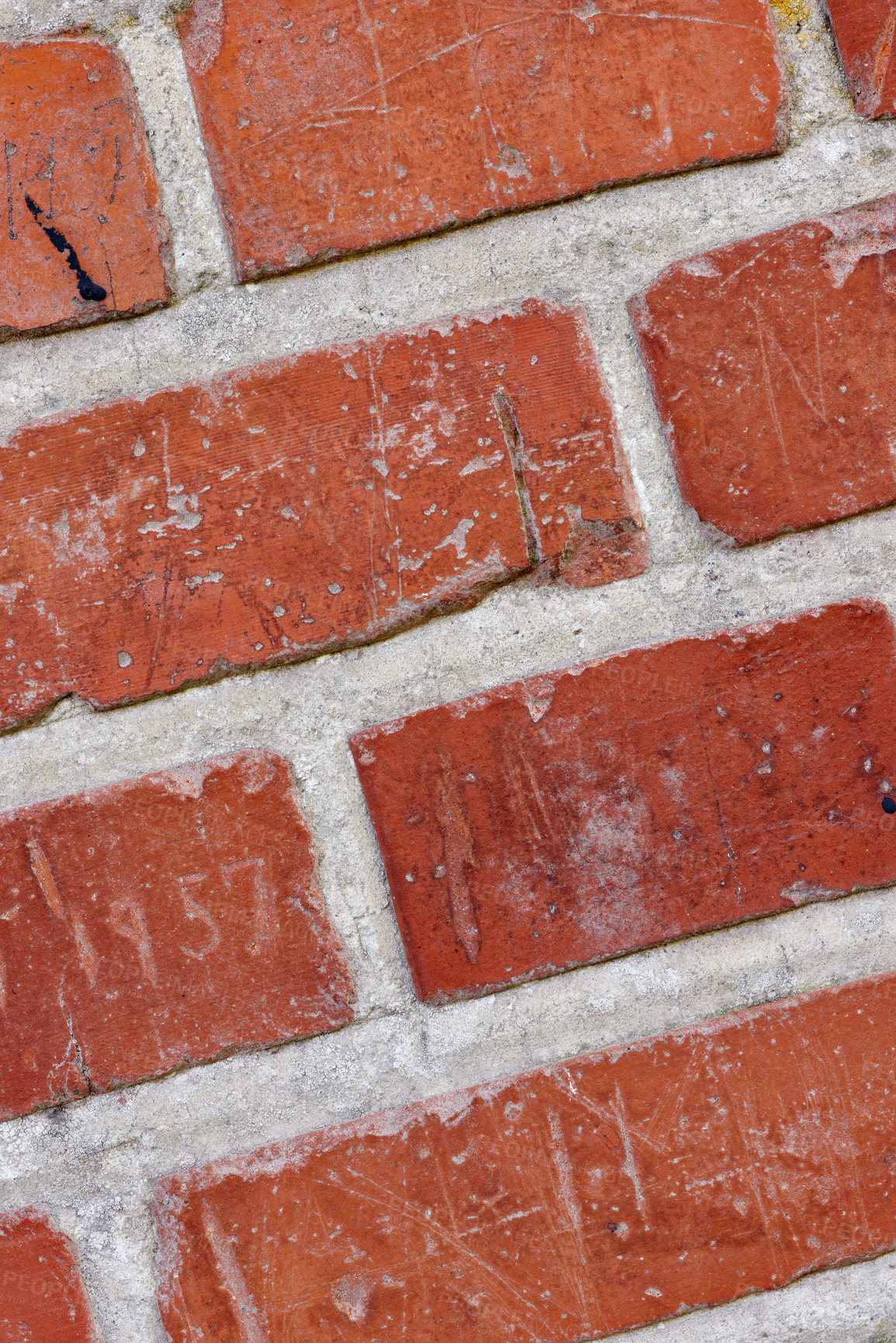 Buy stock photo Brick wall, texture and cement in city architecture for building, concrete and vintage background. Construction, design and wallpaper with stone, outdoor or pattern in mockup space, urban and closeup