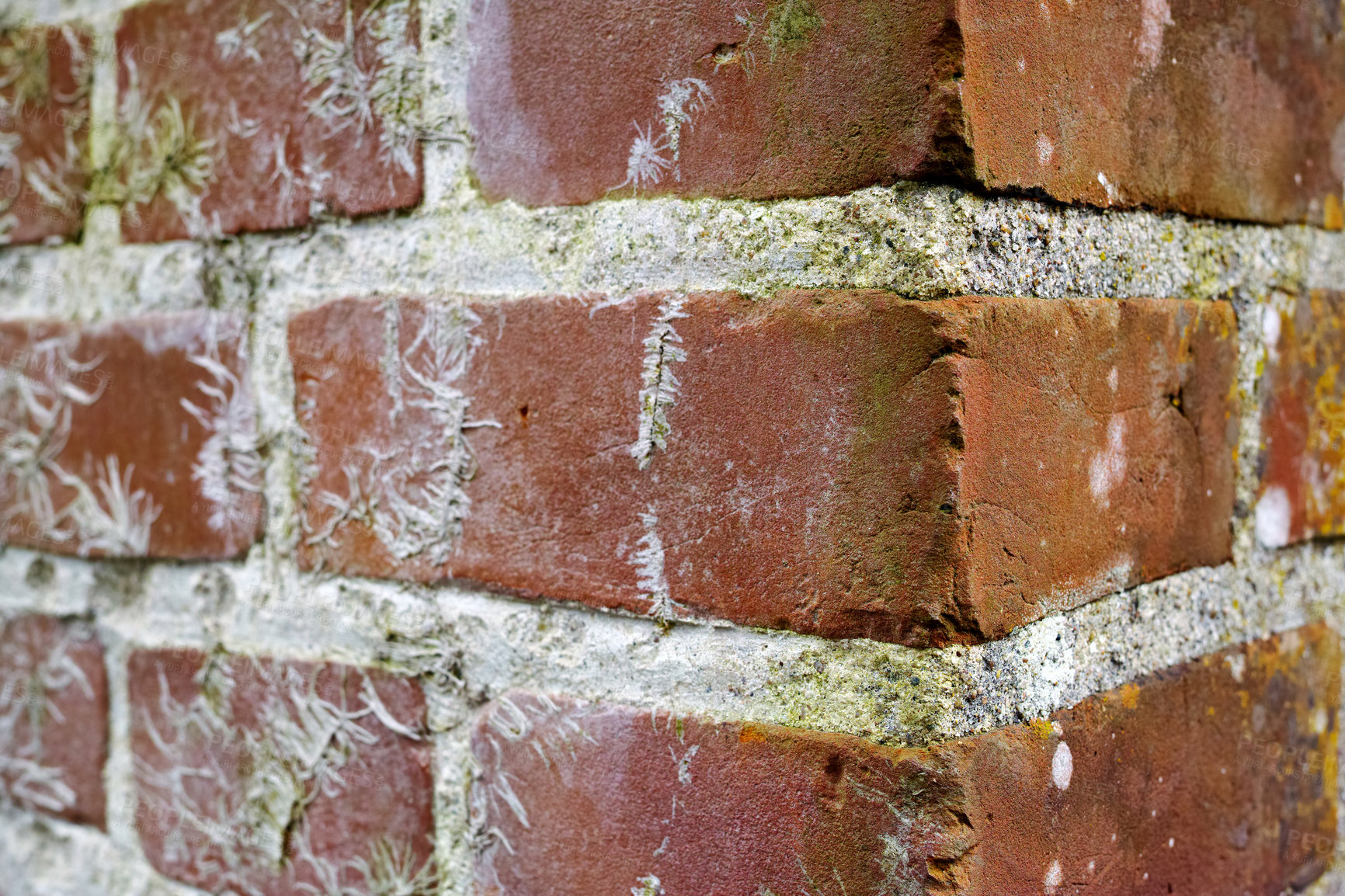 Buy stock photo Brick wall, concrete and stone architecture in building for city, texture and background in zoom. Construction, design and wallpaper with cement, outdoor and pattern in urban real estate or structure