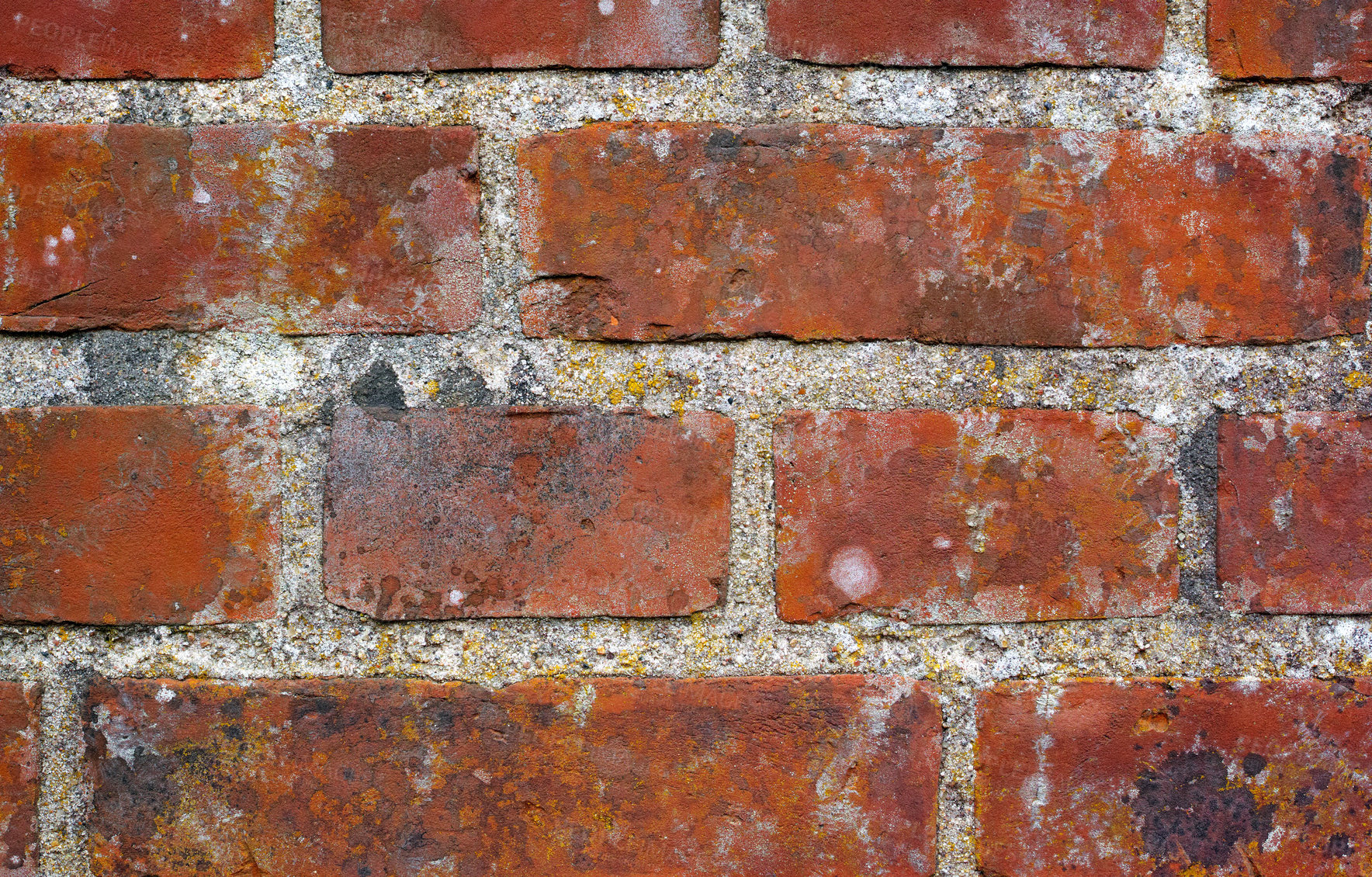 Buy stock photo Brick wall, concrete and stone architecture in city for building, texture and background in zoom. Construction, design and wallpaper with cement, outdoor or pattern in mockup space, urban and closeup