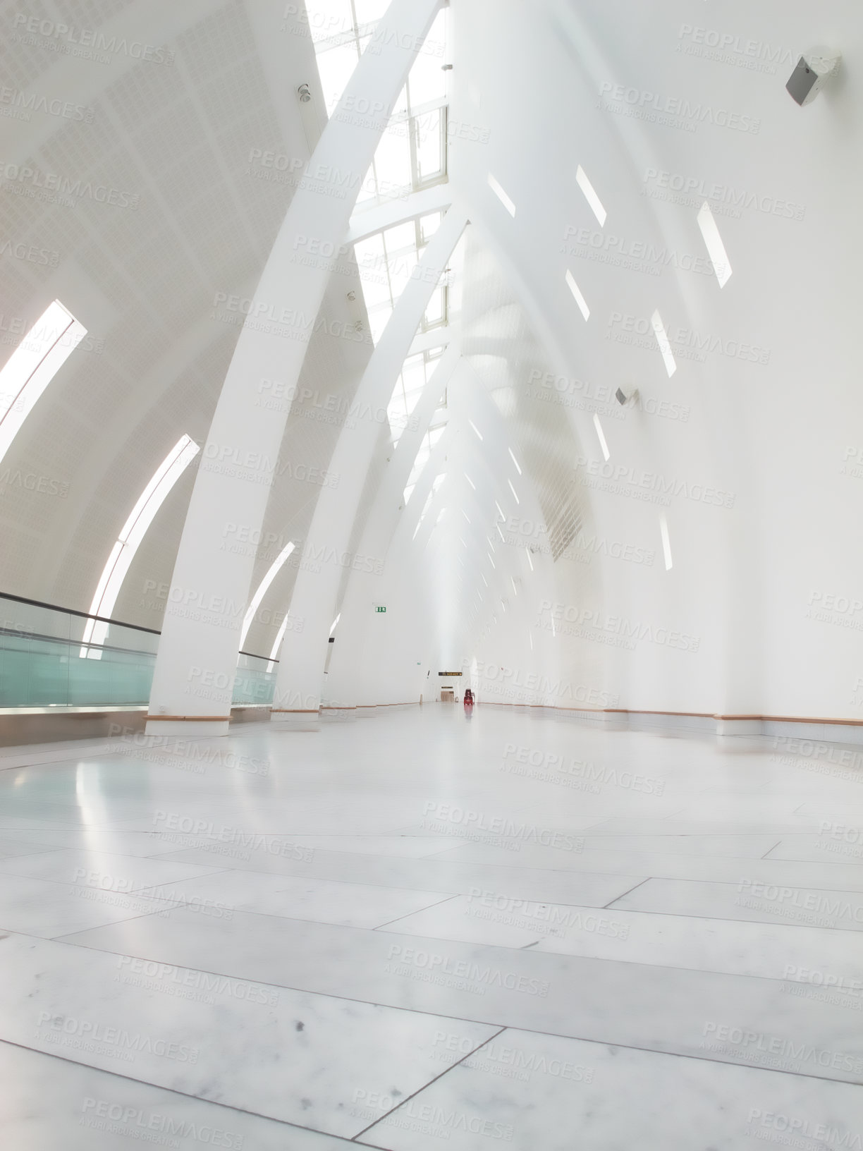 Buy stock photo Airport terminal, hall and architecture of building, details and entrance of structure, roof and design. Empty, tiles and corridor in mockup space, clean and floor of lobby, perspective and creative