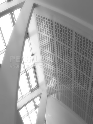 Buy stock photo Airport terminal, hall and architecture of building, ceiling and entrance of structure, roof and design. Empty, tiles and corridor in mockup space, clean and floor of lobby, perspective and creative