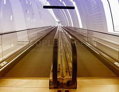 Buy stock photo Airport terminal, hall and architecture of building, escalator and entrance of structure, roof and design. Empty, ceiling and corridor in mockup space, clean and floor of lobby, perspective or detail