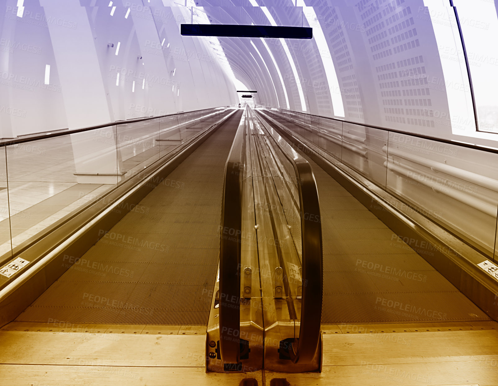 Buy stock photo Airport terminal, hall and architecture of building, escalator and entrance of structure, roof and design. Empty, ceiling and corridor in mockup space, clean and floor of lobby, perspective or detail