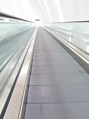 Buy stock photo Airport terminal, detail and architecture of building, escalator and entrance of structure, roof and design. Empty, ceiling and corridor in mockup space, clean and floor of lobby and perspective