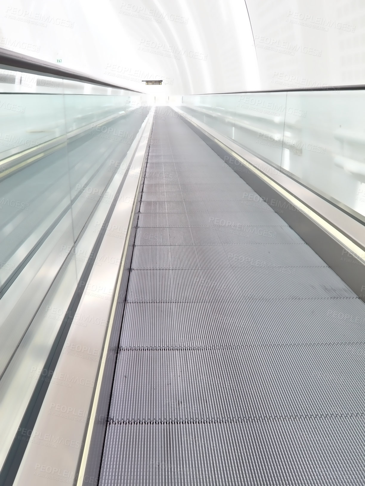 Buy stock photo Airport terminal, detail and architecture of building, escalator and entrance of structure, roof and design. Empty, ceiling and corridor in mockup space, clean and floor of lobby and perspective