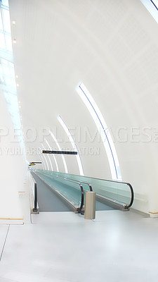 Buy stock photo Airport terminal, roof and architecture of building, escalator and entrance of structure, hall and design. Empty, tiles and corridor in mockup space, clean and floor of lobby, perspective or creative