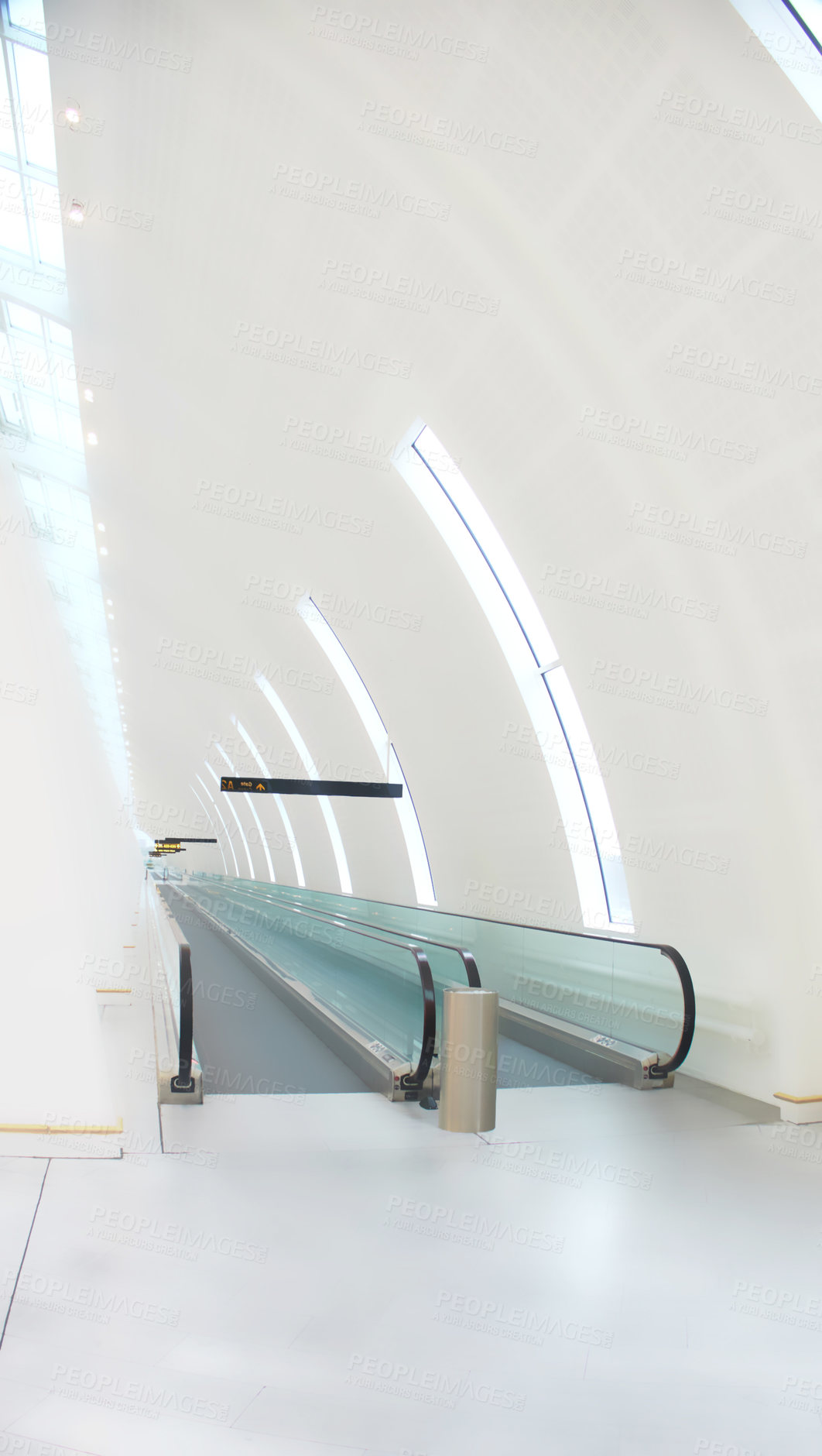 Buy stock photo Airport terminal, roof and architecture of building, escalator and entrance of structure, hall and design. Empty, tiles and corridor in mockup space, clean and floor of lobby, perspective or creative