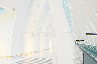 Buy stock photo Airport terminal, roof and architecture of building, hall and entrance of structure, escalator and design. Empty, tiles and corridor in mockup space, clean and floor of lobby, perspective or creative