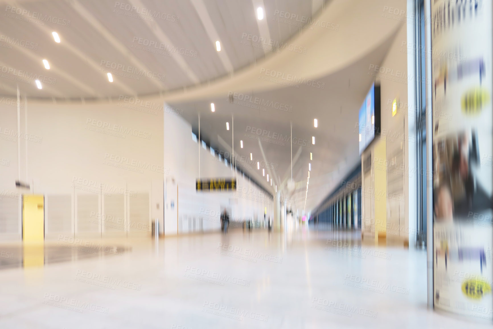 Buy stock photo Airport terminal, hall and architecture of building, blurry and entrance of structure, roof and design. Empty, tiles and corridor in mockup space, clean and floor of lobby, perspective and creative