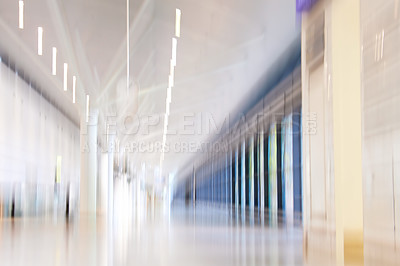 Buy stock photo Airport terminal, empty and architecture of building, blurry and entrance of structure, roof and design. Details, tiles and corridor in mockup space, clean and floor of lobby, perspective or creative