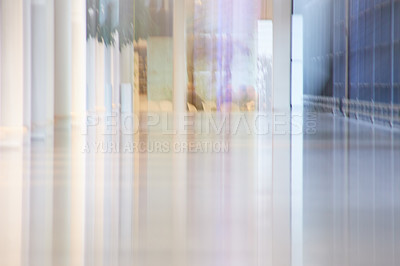 Buy stock photo Airport terminal, design and architecture of building, blurry and entrance of structure, roof and empty. Details, tiles and corridor in mockup space, clean and floor of lobby, perspective or creative