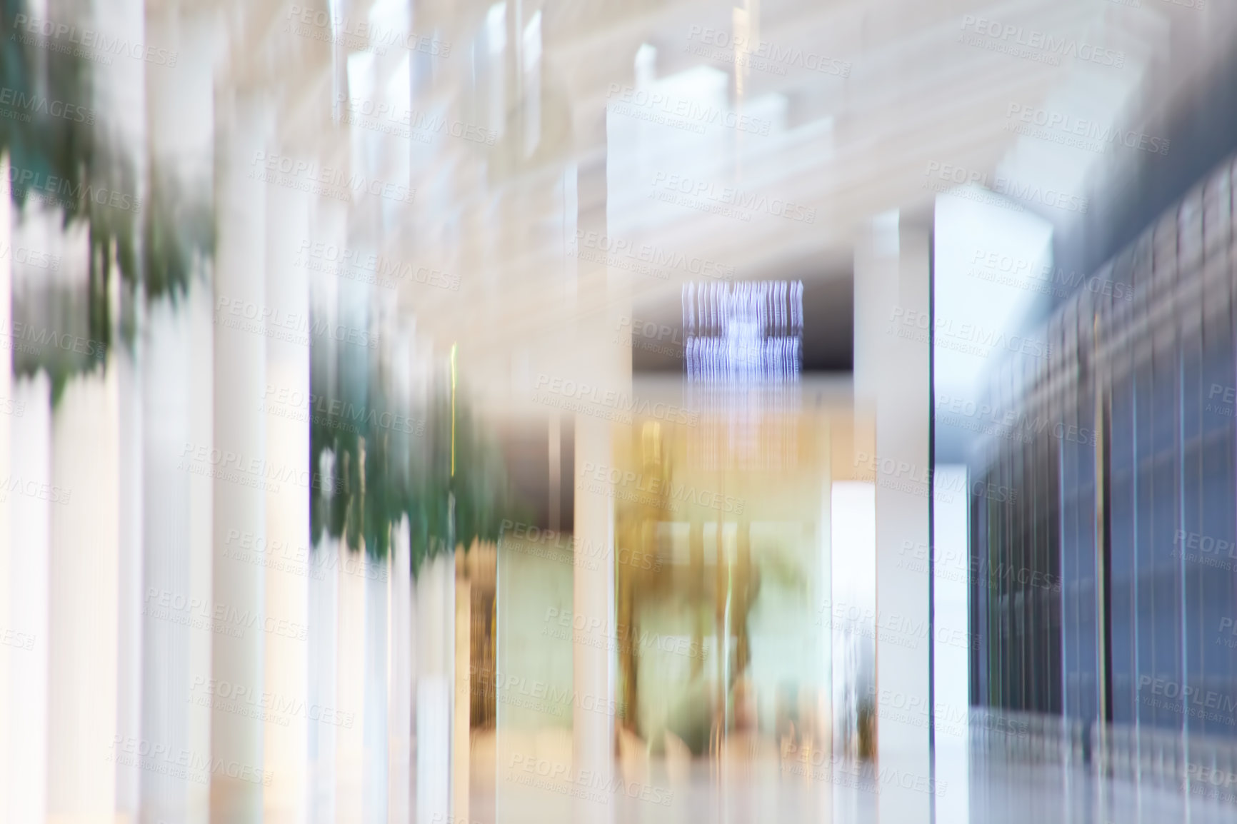 Buy stock photo Airport terminal, entrance and architecture of building, blurry and design of structure, roof and empty. Details, tiles and corridor in mockup space, clean and floor of lobby, perspective or creative